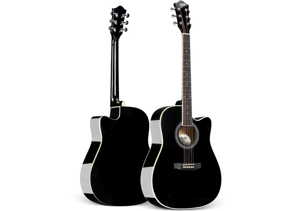 Gitara akustyczna V-TONE AG TWO brzmienie dopasowane do stylu muzycznego, pudło lipowe, stalowe struny, dynamiczny ton, gitara akustyczna przód i tył po skosie na białym tle