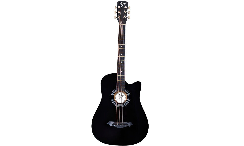 Gitara akustyczna V-TONE AG One BK 4/4 czarna dla początkujących zestaw struny pasek pokrowiec akordy, gitara akustyczna od frontu na białym tle