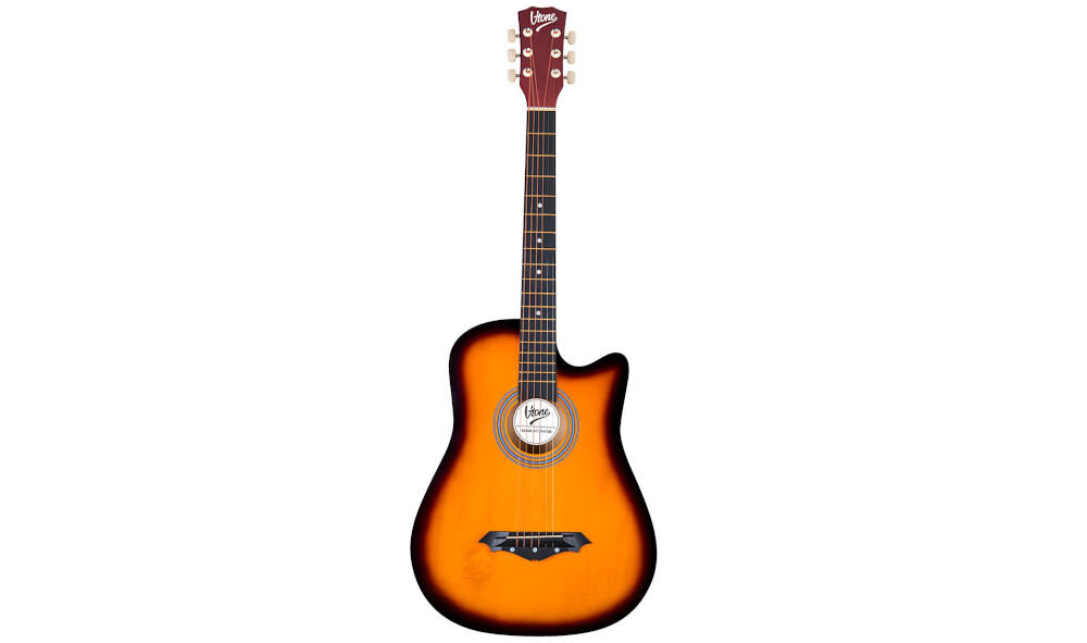 Gitara V-TONE AG One podstrunnica tworzywo mostek czarny siodełko ABS, gitara akustyczna po skosie od frontu na białym tle