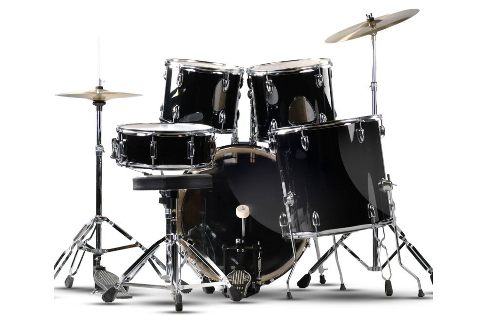 V-TONE VD KIT PRO talerz crash o średnicy 16 talerz hi-hat 2 x 14 stopu niklu Crash grubość 0,7 mm hi-hatu 0,7 mm 1,4 mm - Detal mocowania mosiężnego talerza perkusyjnego na metalowym statywie