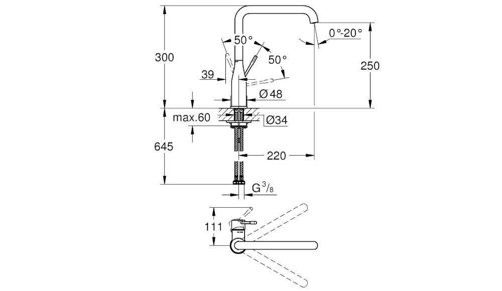 BATERIA KUCHENNA GROHE Essence wymiary korpus wylewka zasięg Wysokość