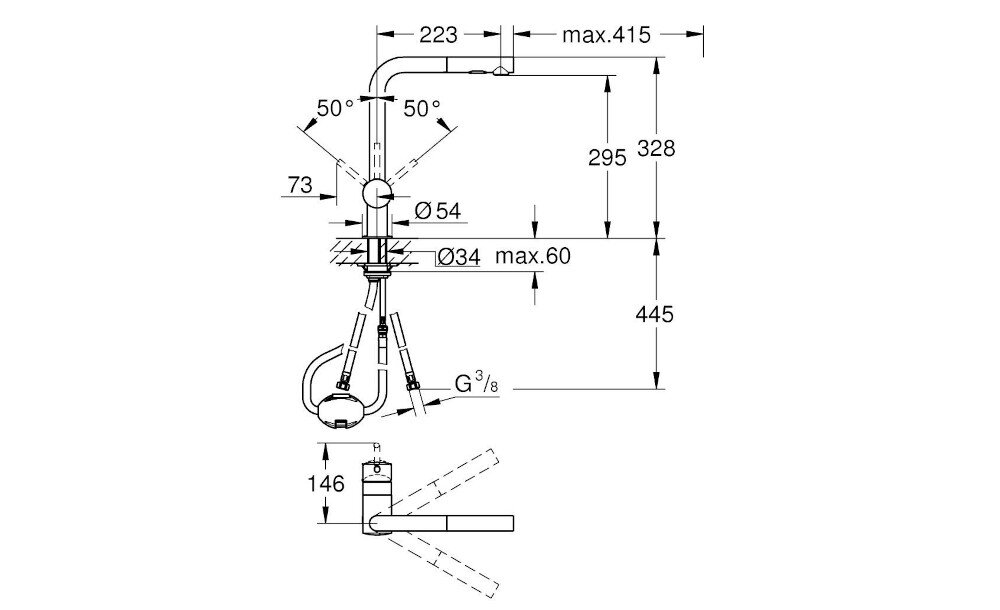 BATERIA KUCHENNA GROHE Minta 30274DA0 wymiary korpus wylewka zasięg Wysokość