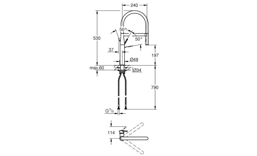 BATERIA KUCHENNA GROHE Essence wymiary korpus wylewka zasięg Wysokość