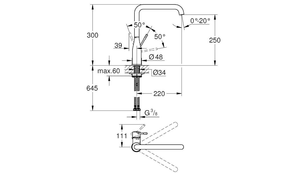BATERIA KUCHENNA GROHE Essence wymiary korpus wylewka zasięg Wysokość