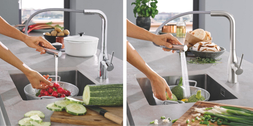 BATERIA GROHE ESSENCE DN 15 30503KF0 CZARNY wylewka Wyciągana dwa rodzaje strumieni prysznic silny zasięg wylewki 240 mm