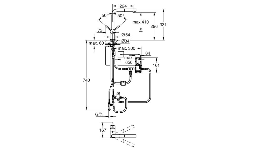 BATERIA KUCHENNA GROHE Minta Touch 31360DC1 wymiary korpus wylewka zasięg Wysokość