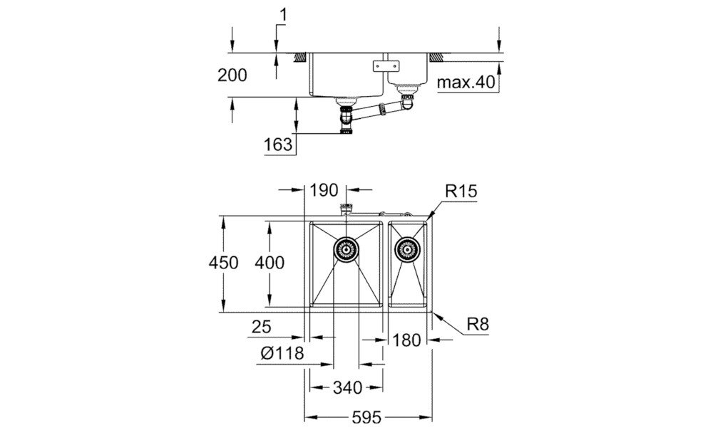 ZLEWOZMYWAK GROHE K700U 59,5X45 CM 31577SD1 STALOWY rysunek techniczny wymiary