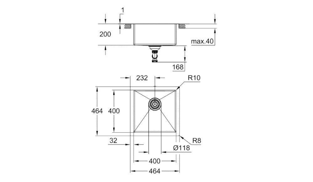 Zlewozmywak jednokomorowy GROHE K700 31578SD1 Stal szlachetna Na rysunku technicznym przedstawiono zlewozmywak jednokomorowy z ociekaczem wraz z wymiarami całkowitymi i montażowymi. Widok z góry i z boku pokazuje m.in. szerokość 860 mm, głębokość komory 175 mm, promienie zaokrągleń oraz średnice otworów pod baterię i odpływ zdjęcie rysunek techniczny wymiary