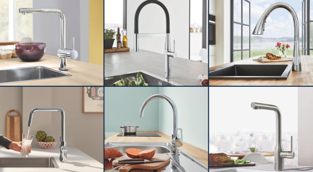 Zlewozmywak jednokomorowy GROHE K700 31578SD1 Stal szlachetna Na kolażu przedstawiono sześć różnych baterii kuchennych GROHE w nowoczesnych aranżacjach, m.in. z wysoką wyciąganą wylewką, sprężynową wylewką i prostą formą kanciastą. Każda bateria zamontowana jest przy zlewozmywaku na blacie kuchennym, co podkreśla możliwość dopasowania armatury do stylu wnętrza bateria kuchenna GROHE dopasowana bateria do zlewozmywaka wyciągana wylewka design funkcjonalność