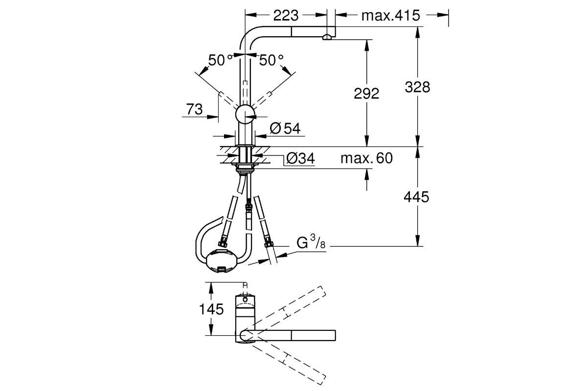 BATERIA KUCHENNA GROHE MINTA 32168000 Rysunek techniczny baterii kuchennej przedstawiający jej wymiary, zakres obrotu wylewki oraz parametry montażowe Informacje techniczne wylewka GROHE montaż jednootworowy SilkMove EasyDock wyciągana strumień SpeedClean obrotowa 360° zawór zwrotny kolor chrom