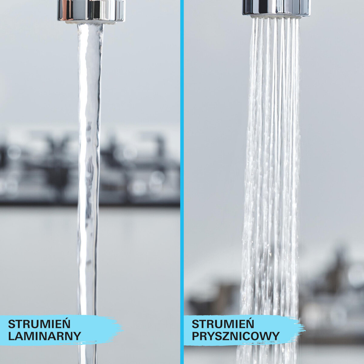 BATERIA KUCHENNA GROHE MINTA 32321002 Porównanie dwóch rodzajów strumienia wody z baterii: laminarnego i prysznicowego obrotowa wylewka 360° wyciągana końcówka EasyDock dwa rodzaje strumienia klasyczny prysznicowy