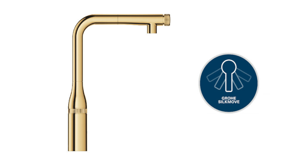 Bateria GROHE Essence 31615GL0 obrotowa wylewka korzystanie wygoda obracanie SilkMove kontrola precyzja design dźwignia