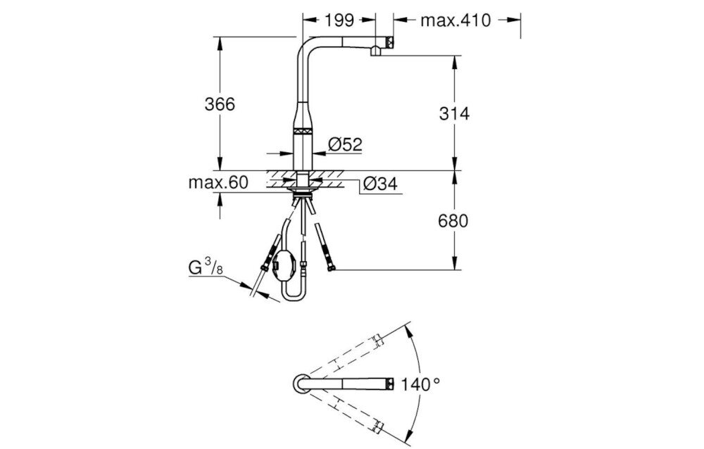 BATERIA KUCHENNA GROHE Essence wymiary korpus wylewka zasięg Wysokość
