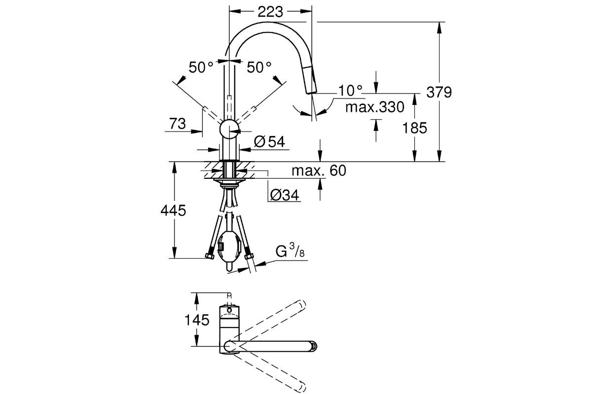 BATERIA KUCHENNA GROHE MINTA 32321AL2 Rysunek techniczny baterii kuchennej przedstawiający jej wymiary, zakres obrotu wylewki oraz parametry montażowe Informacje techniczne wylewka GROHE montaż jednootworowy SilkMove EasyDock wyciągana strumień SpeedClean obrotowa 360° zawór zwrotny grafit szczotkowane