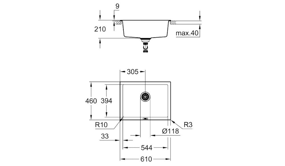 Zlewozmywak jednokomorowy GROHE K700U 31655AP0 rysunek techniczny wymiary