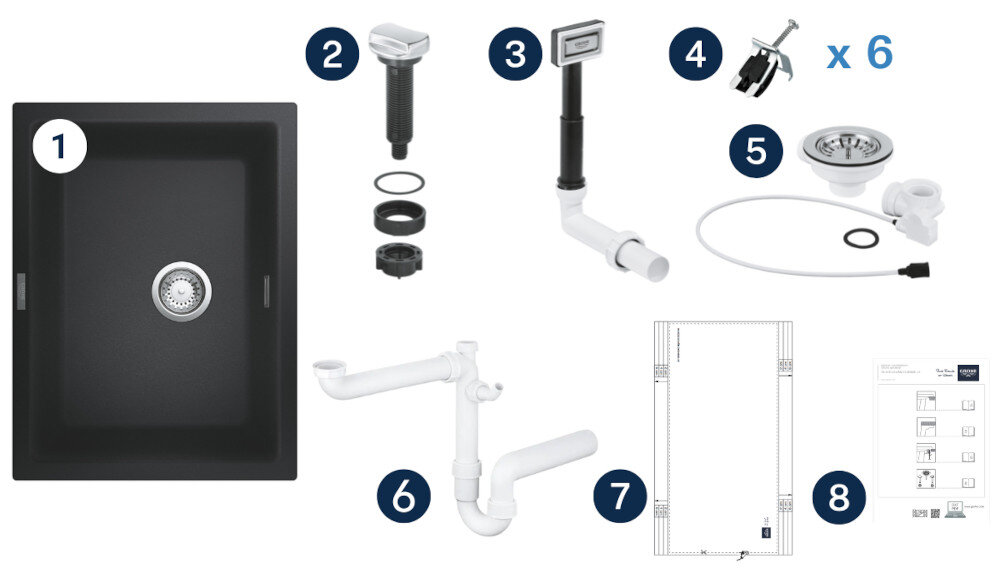Zlewozmywak jednokomorowy GROHE K700U 31655AP0 Grafika przedstawia czarny zlewozmywak z jedną komorą oraz wszystkie elementy montażowe wchodzące w skład zestawu. Poszczególne części, takie jak syfon, odpływ, pokrętło czy szablon montażowy, zostały ponumerowane i rozmieszczone wokół zlewu