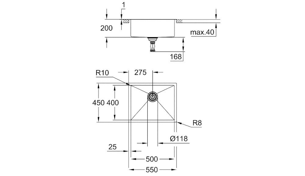 ZLEWOZMYWAK GROHE K700 55X45 CM 31726SD0 STALOWY rysunek techniczny wymiary
