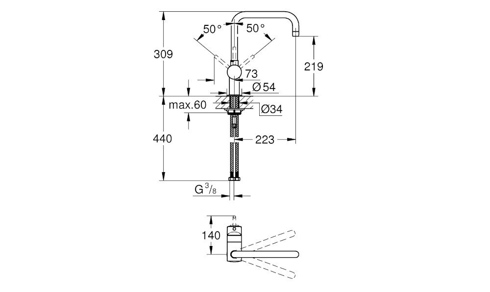 BATERIA KUCHENNA GROHE Minta 32488DL0 wymiary korpus wylewka zasięg Wysokość