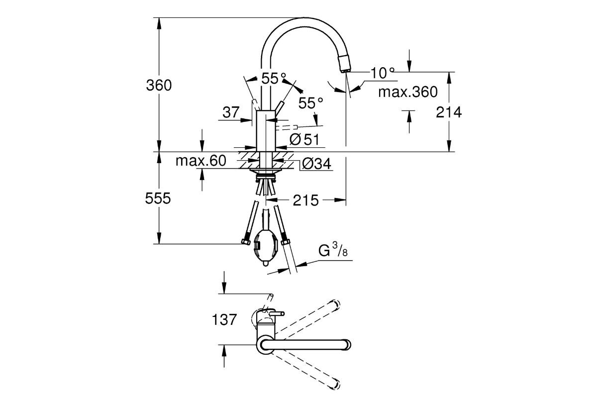 BATERIA KUCHENNA GROHE CONCETTO 32663003 CHROM Rysunek techniczny baterii kuchennej z oznaczonymi wymiarami, kątem obrotu oraz parametrami montażowymi Informacje techniczne wylewka 360° montaż jednootworowy GROHE Long-Life SilkMove 35 mm EasyDock wyciągana strumień laminarny prysznic SpeedClean ogranicznik przepływu zawór zwrotny giętkie węże metalowy montaż 9,5 l/min