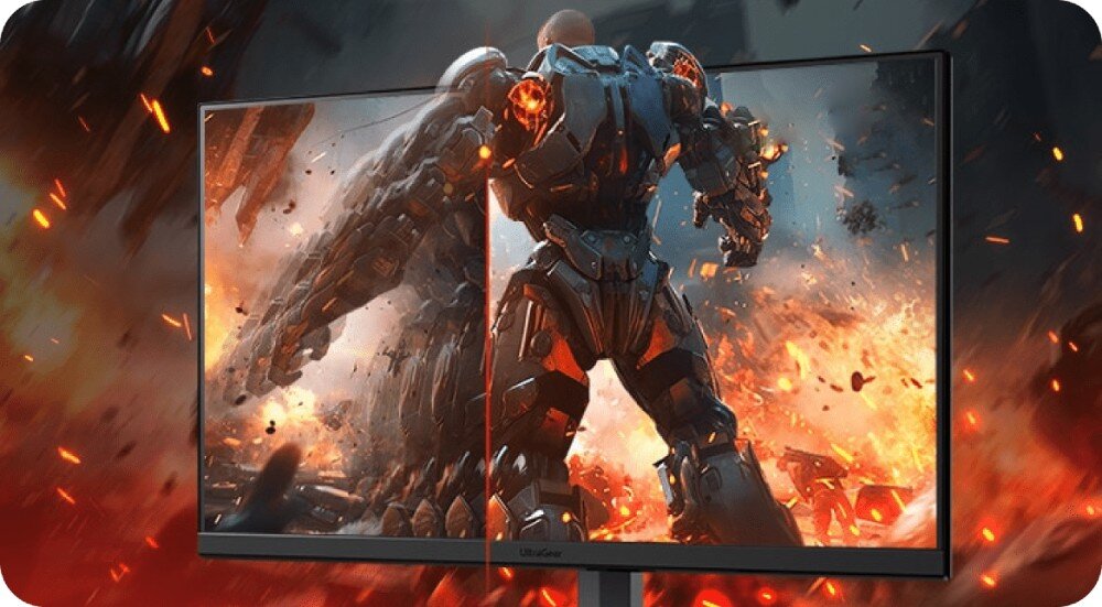 Monitor LG UltraGear 27GS50F-B 27 1920x1080px 180Hz 1 ms [MBR] monitor z obrazem z gry na ekranie podzielonym na połowy z jedną migającą połową ochrona wzroku Flicker Free