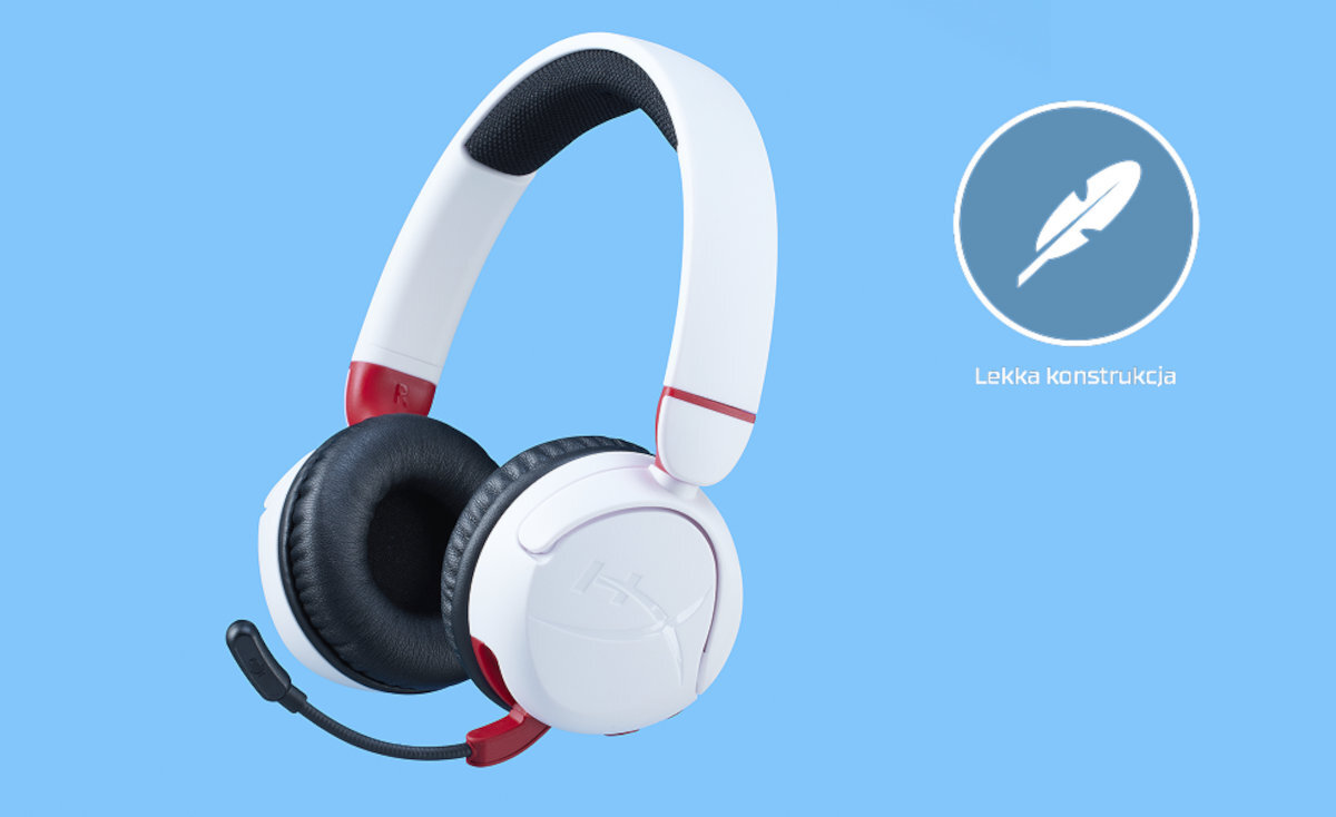 HYPERX Cloud Mini lekkiej konstrukcji (132 g) graczy w wieku 8–12 lat łączności bezprzewodowej - słuchawki na niebieskim tle