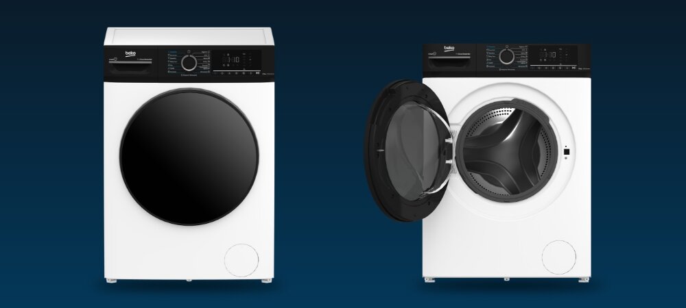 PRALKO-SUSZARKA BEKO BMM5DFO5741W 7.jpg pokazuje dwie białe pralko–suszarki ustawione obok siebie na ciemnoniebieskim tle – po lewej urządzenie zamknięte, po prawej z otwartymi drzwiami. Fronty są minimalistyczne, z dużym czarnym oknem bębna oraz czarnym panelem sterowania z pokrętłem programów i wyświetlaczem pralko‑suszarka Slim BEKO drzwi XL Door Cover wyświetlacz cyfrowy pojemność 7 kg pranie 5 kg suszenie AquaWave® delikatne pranie skuteczne suszenie wygoda użytkowania elegancki wygląd
