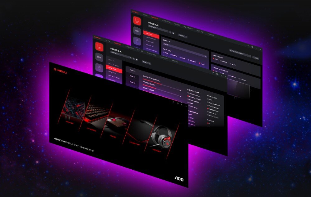 Monitor AOC Agon Pro AG326UD Interfejs programu G-Menu z trzema ekranami przedstawiającymi ustawienia profili, kolorów i efektów świetlnych, z grafiką akcesoriów komputerowych na tle kosmicznym z fioletową poświatą, aplikacja