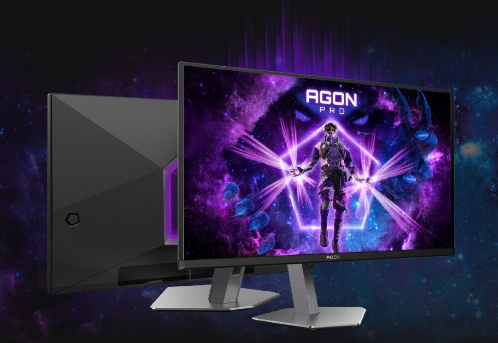 Monitor AOC Agon Pro AG326UD Widok dwóch monitorów, jeden z przodu z kolorową grafiką, drugi z tyłu pokazujący konstrukcję tylnej obudowy z podświetleniem, wyświetlacz QD-OLED, jakość, kolory, jasność
