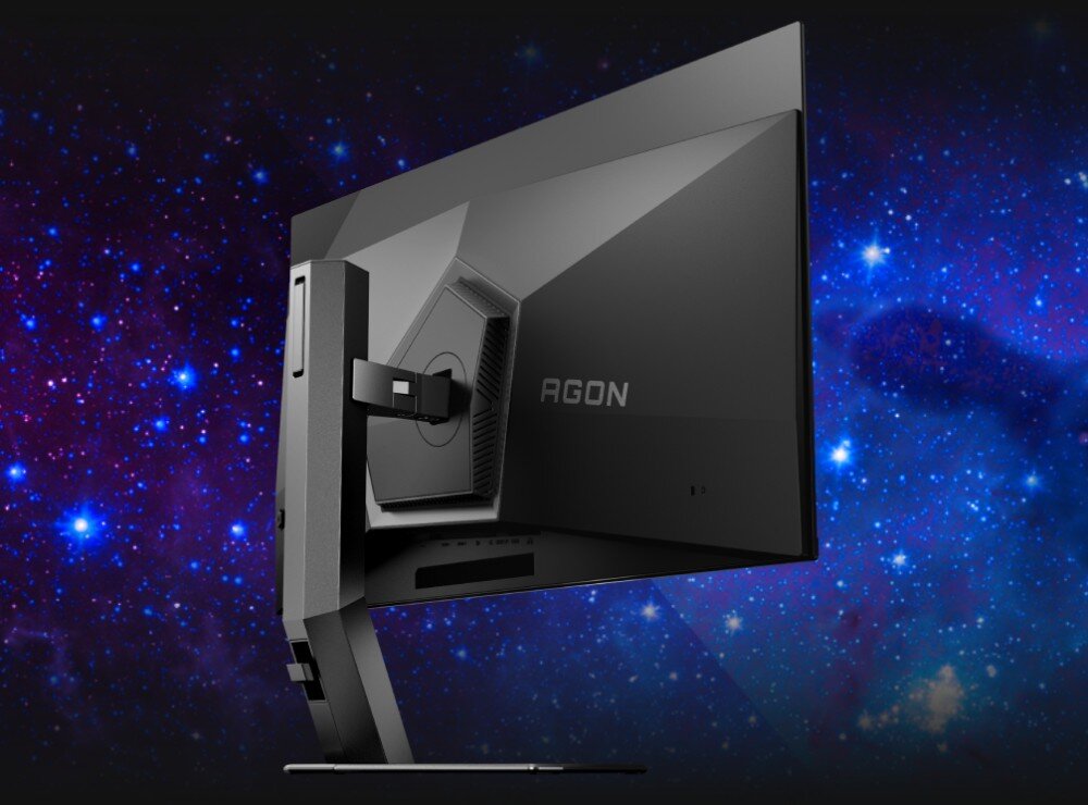 Monitor AOC Agon Pro AG326UD Widok monitora od tyłu z wyraźnie zaznaczoną podstawą, regulacją wysokości i tylnym panelem wentylacyjnym, filtr światła niebieskiego, Flicker-Free, podstawa, regulacja, ergonomia