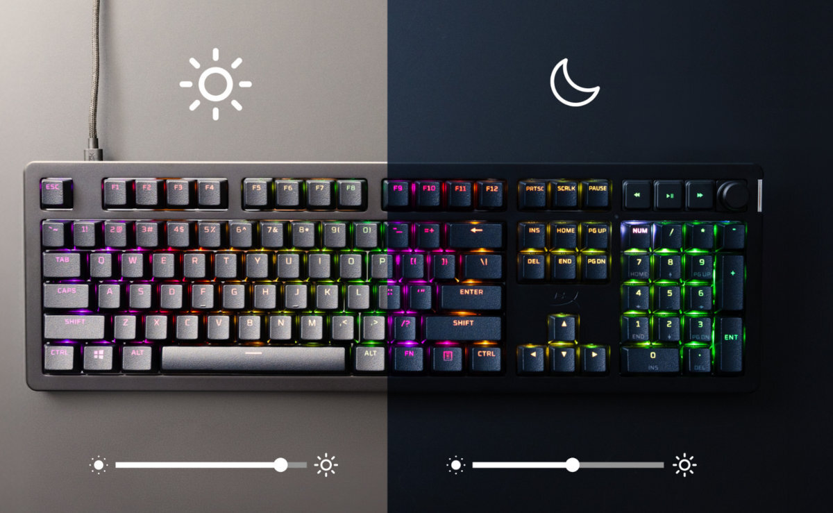 HYPERX Alloy Rise 75 czujnik światła otoczenia podświetlenie klawiatury aplikacji NGENUITY - klawiatura w dzień i w nocy