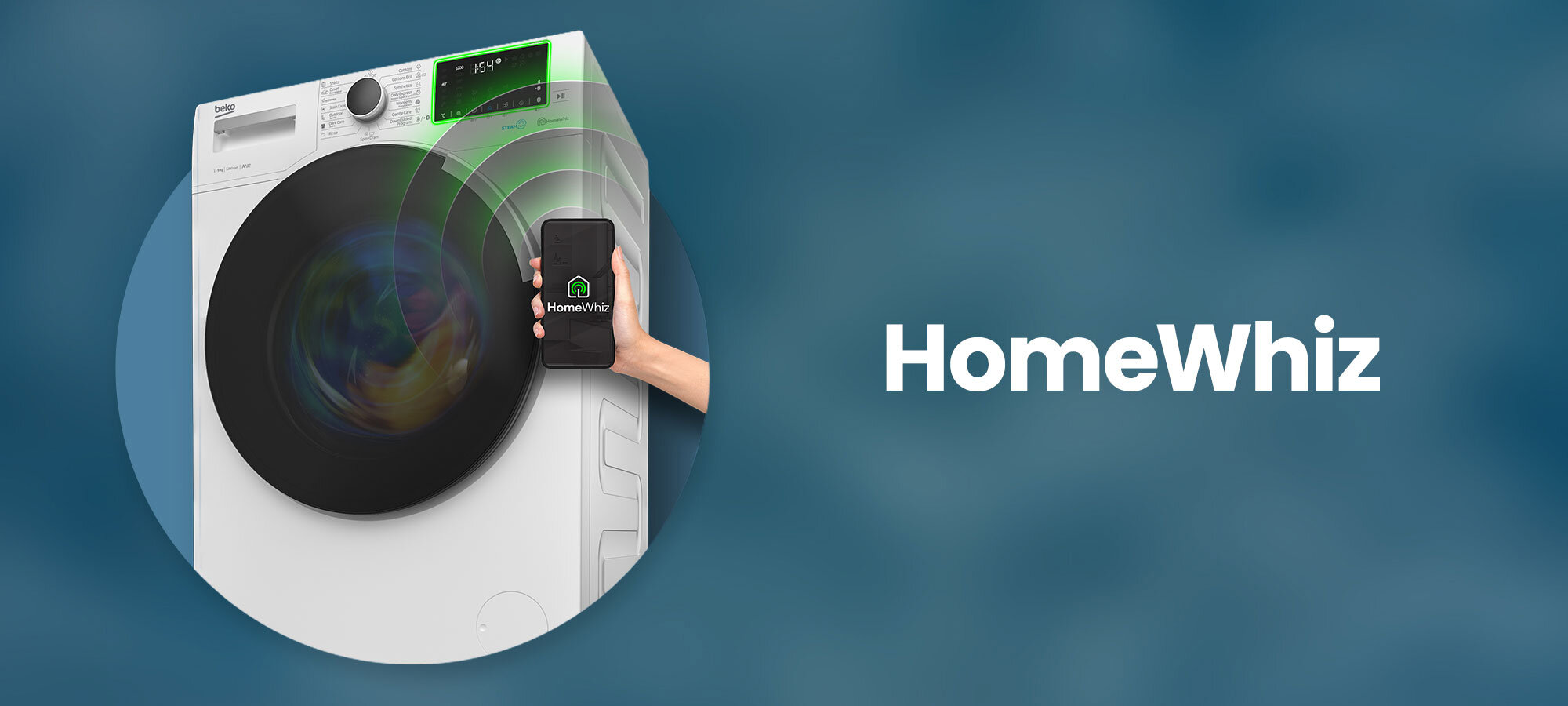 PRALKA BEKO B5WFT694111WBPBB wizualizacja smartfon ręka dłoń aplikacja na wyświetlaczu grafika połączenia zdalne sterowanie smartfon aplikacja HomeWhiz telefon monitorowanie wygoda elastyczność kontrola z dowolnego miejsca