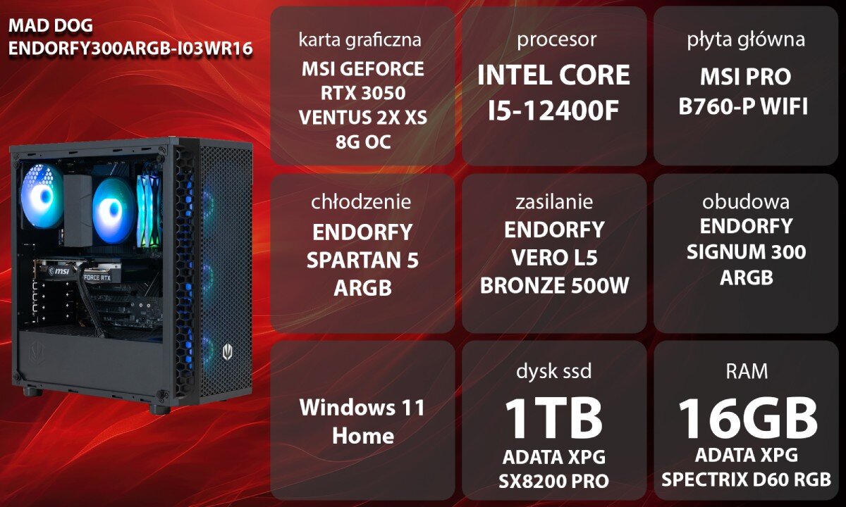 Komputer MAD DOG ENDORFY300ARGB-I03WR16 i5-12400F 16GB RAM 1TB SSD GeForce RTX3050 Wi-Fi Windows 11 Home opis