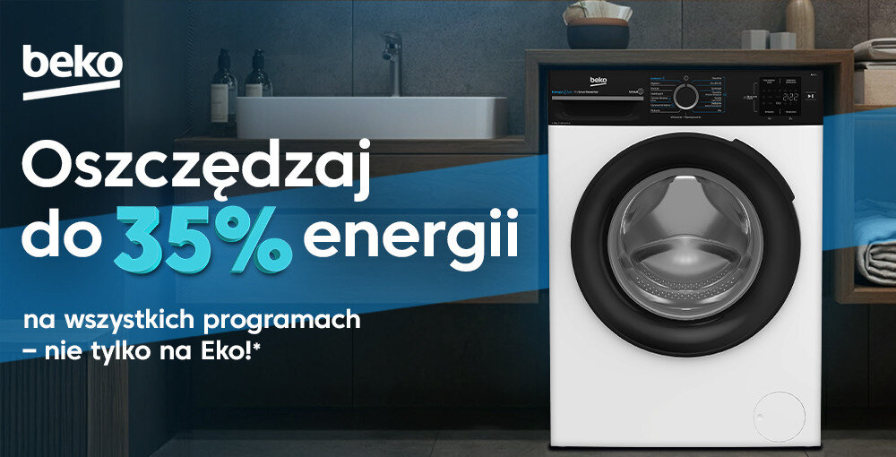 PRALKA BEKO BM3WFSU39215WBPB SERIA B300 baner lifestyle łazienka front zamknięta panel pokrętło programy LOGO tytuł