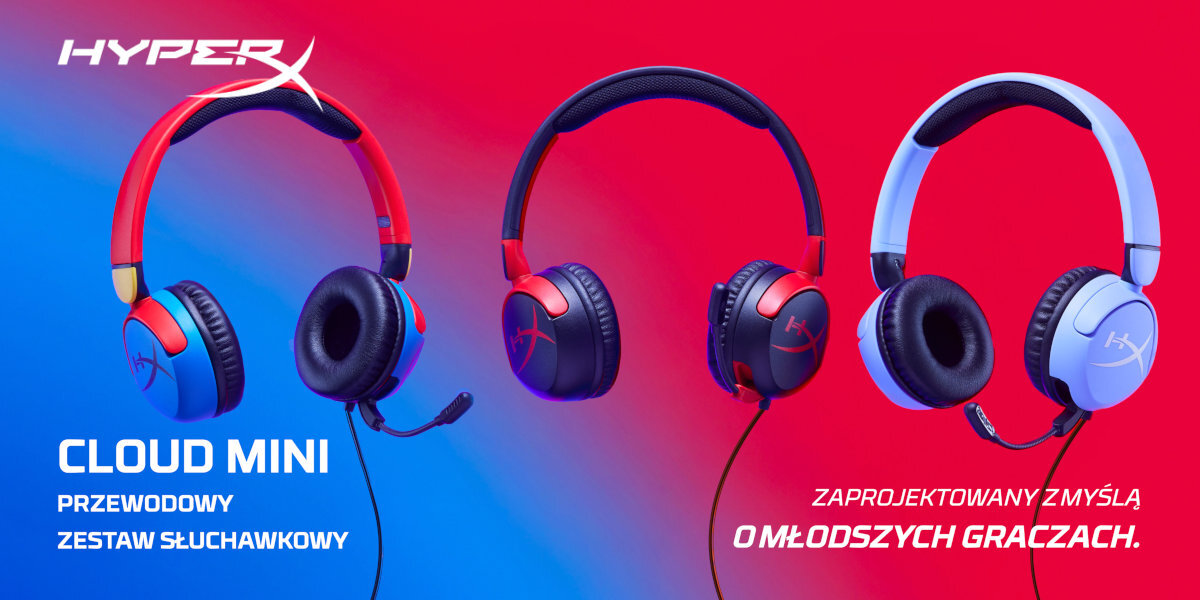 HYPERX Cloud Mini - słuchawki na czerwono-niebieskim tle
