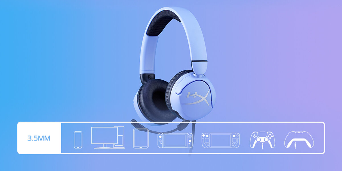 HYPERX Cloud Mini złączu 3,5 mm (4-biegunowemu) Cloud Mini PC, Chromebooki, konsole Nintendo Switch, PlayStation, Steam Deck, Xbox, smartfony gniazda słuchawkowego 3,5 mm CTIA - słuchawki z na jasnym tle