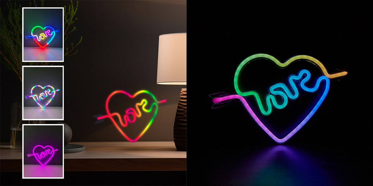 Neon LED MANTA Serce 16 kolorów efektów świetlnych miganie, płynne zmiany pulsowanie