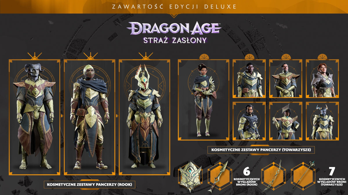Dragon Age Straz Zaslony Edycji Deluxe unikalne elementy uzbrojenia i pancerzy Rooka towarzyszy trzy wyglądy pancerzy sześć wyglądów broni Thedas