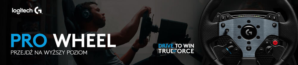 Kierownica LOGITECH G Pro Racing Wheel do Xbox/PC prezentacja kierownicy podczas użytkowania obok kierownica i napisy