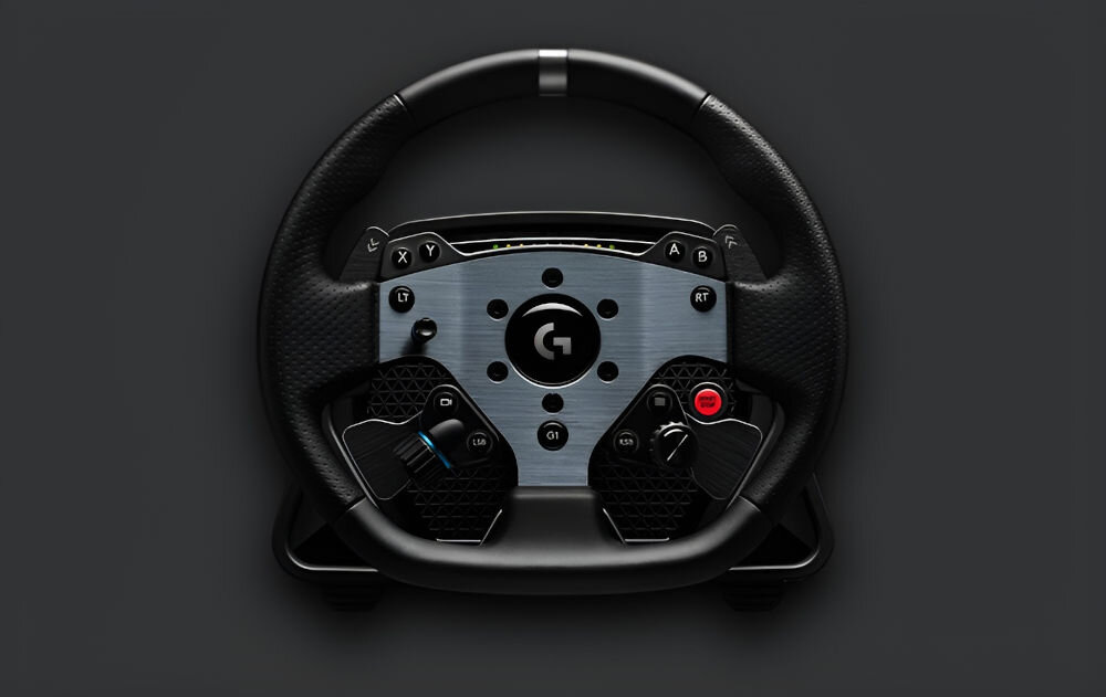 Kierownica LOGITECH G Pro Racing Wheel do Xbox/PC prezentacja kierownicy na szarym tle połączenie mocnego napędu bezpośredniego 11 Nm z zaawansowaną technologią TRUEFORCE czujesz detale