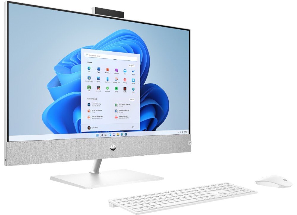 Komputer HP Pavilion 27-ca2092nw Komputer typu all-in-one z wyświetlonym systemem operacyjnym na ekranie, obok znajduje się biała klawiatura i mysz, porty, łączność, Wi-Fi, Bluetooth