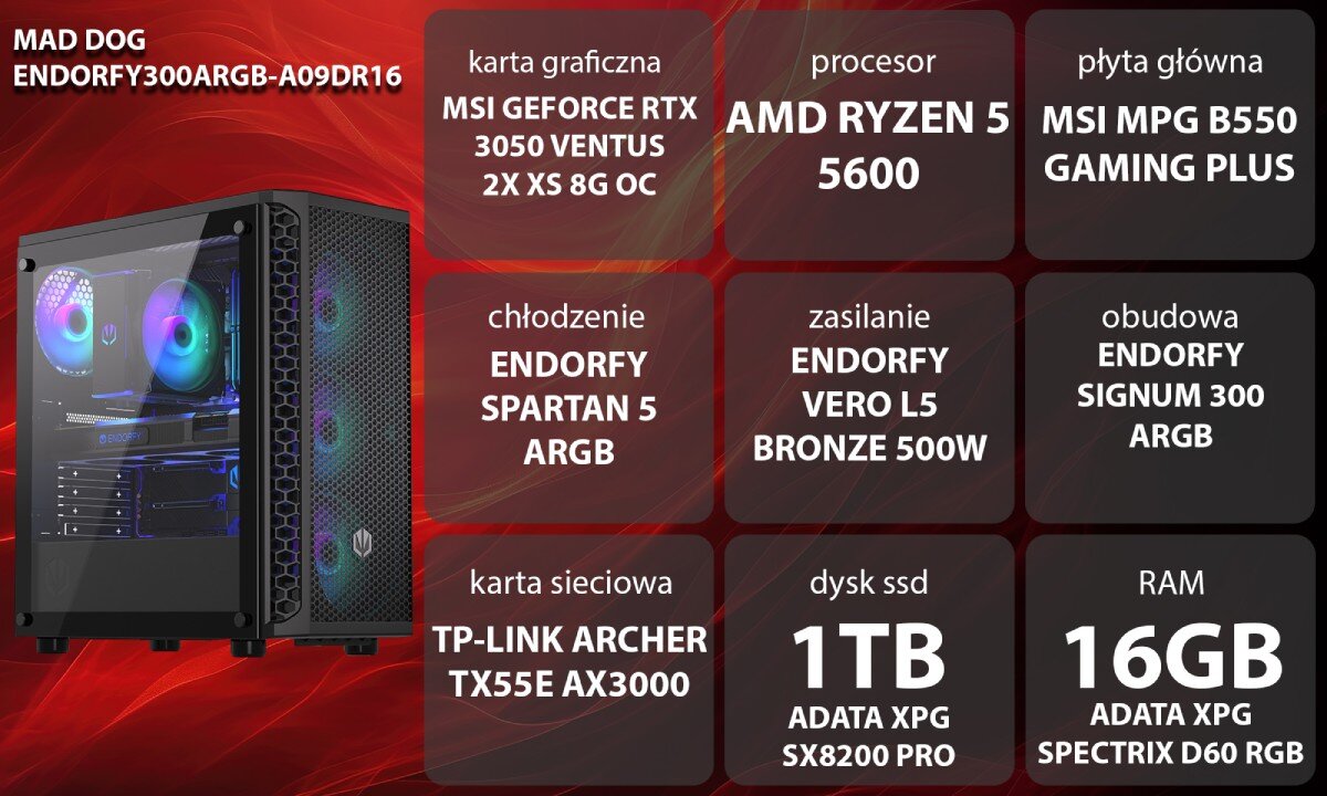 Komputer MAD DOG ENDORFY300ARGB-A11DR16 R5-5600 16GB RAM 1TB SSD GeForce RTX3050 Wi-Fi opis