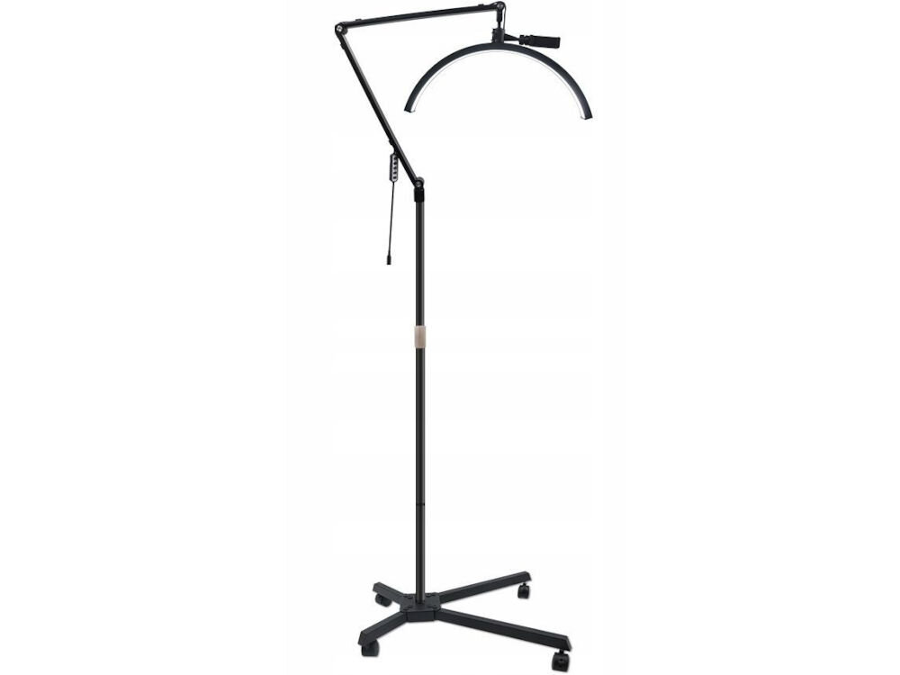 Lampa LED do paznokci MICHAEL MARINELLI GX530R Czarny czarna lampa stoi bokiem kółka uchwyt na telefon białe tło funkcjonalność estetyka aluminiowa konstrukcja stabilność trwałość matowe wykończenie z subtelnymi srebrnymi detalami elegancki wygląd salon kosmetyczny, gabinet lekarski studio tatuażu praktyczne narzędzie stylowy dodatek