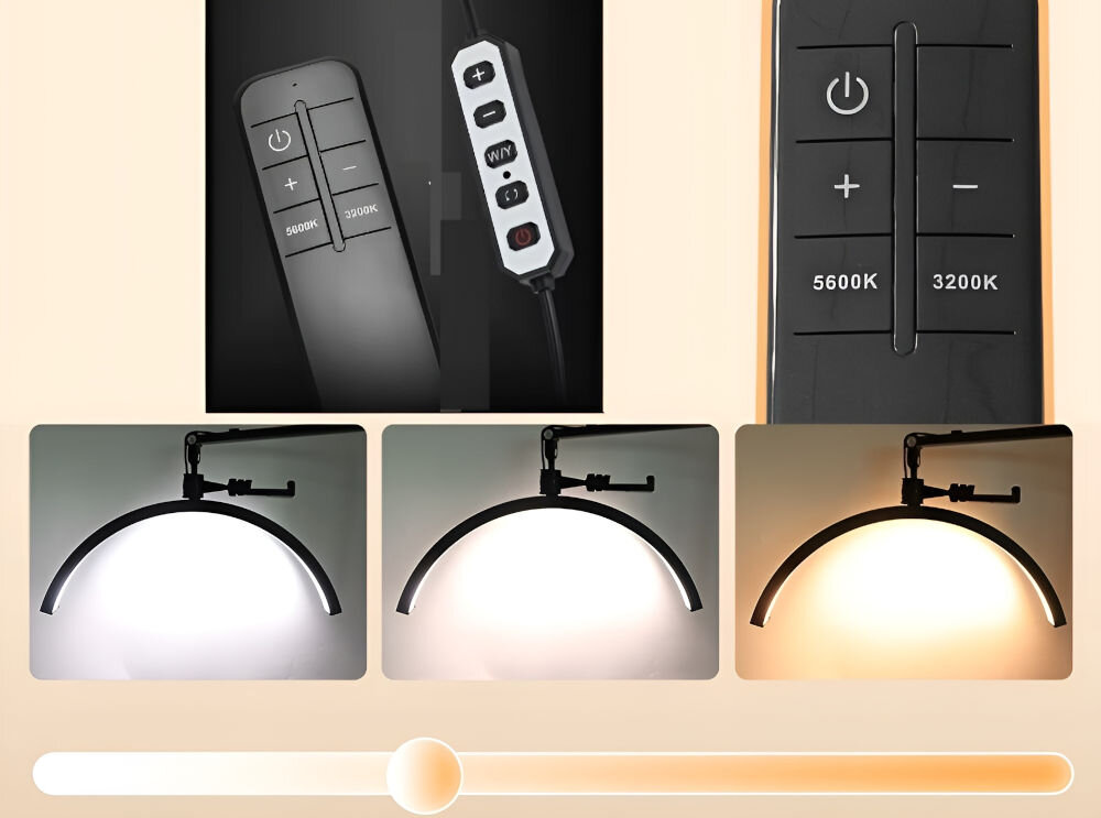Lampa LED do paznokci MICHAEL MARINELLI GX530R Biały jasne tło pilot różne rodzaje światła zimne neutralne ciepłe Biały pilot włączanie wyłączanie regulacja jasności i barwy światła przycisk szybkiego wyboru 3200 lub 5600 K wbudowany w przewód pilot siedmiostopniowa regulacja temperatury barwowej 3000 K 4500 K 6000 K dodatkowe poziomy dopasowanie oświetlenia optymalne warunki pilot zasilany 2 bateriami AAA brak w zestawie