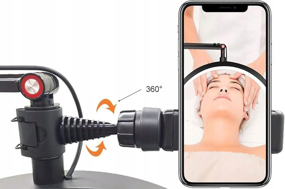Lampa LED do paznokci MICHAEL MARINELLI GX530R Biały lampa uchwyt telefon w uchwycie kobieta w telefonie białe tło praktyczny uchwyt na telefon rejestrowanie pracy stabilne umieszczenie smartfona od 60 mm do 95 mm szerokości gumowe wykończenie bezpieczeństwo dla osób aktywnie działających w mediach społecznościowych
