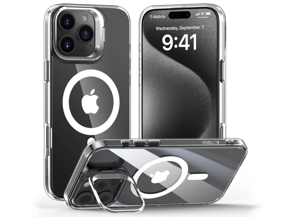 TECH-PROTECT MagStand MagSafe etui założone na smartfon iphone oraz opierajacy sie o ramke rozkładaną