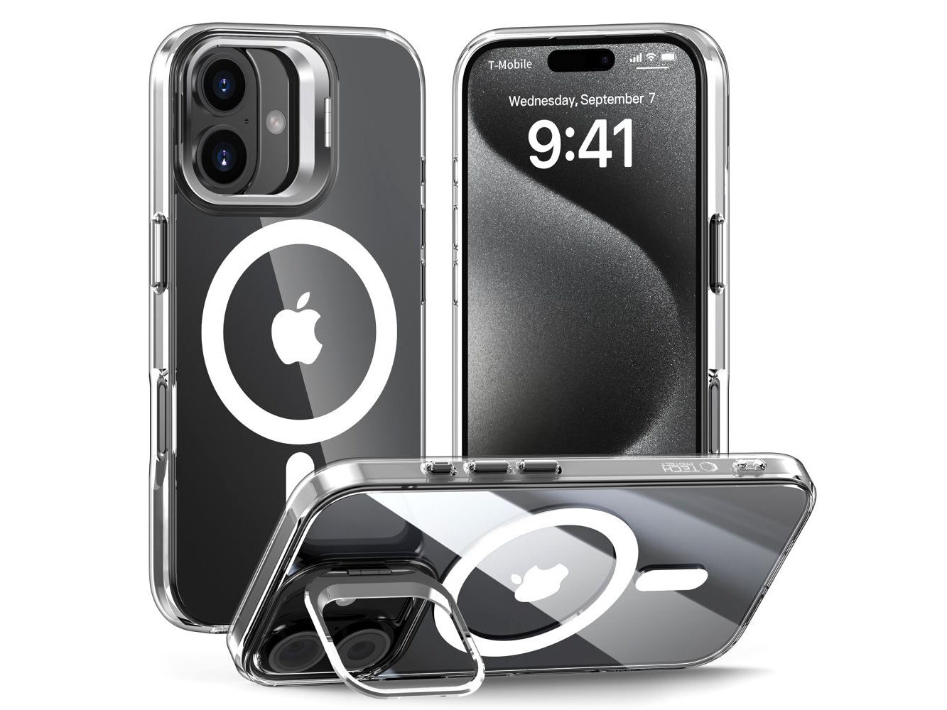 TECH-PROTECT MagStand MagSafe etui założone na smartfon iphone oraz opierajacy sie o ramke rozkładaną