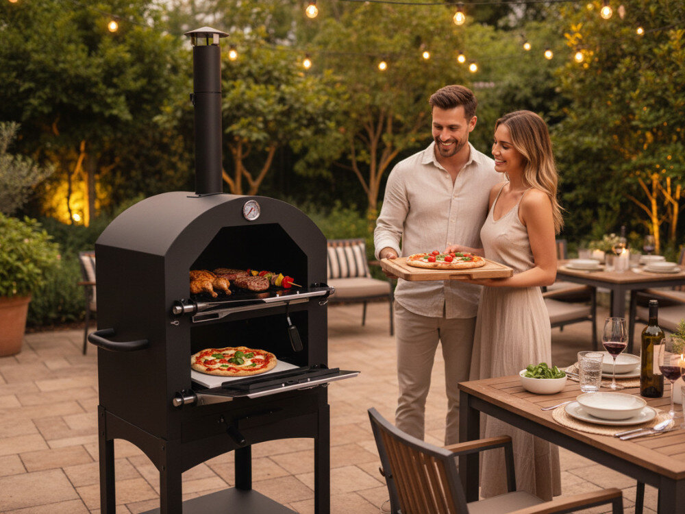 Na tarasie znajduje się grill ogrodowy z komorą do pieczenia pizzy, na którym pieką się potrawy. Obok stoi para trzymająca talerz z pizzą, a w tle widać stół z zastawą i kieliszkami.
