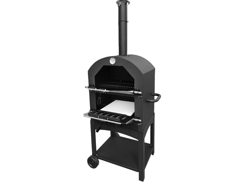 Czarny grill ogrodowy z komorą do pieczenia pizzy, wyposażony w żeliwny ruszt, kółka i termometr na górze. Grill ma prostokątną podstawę z półką na dole.