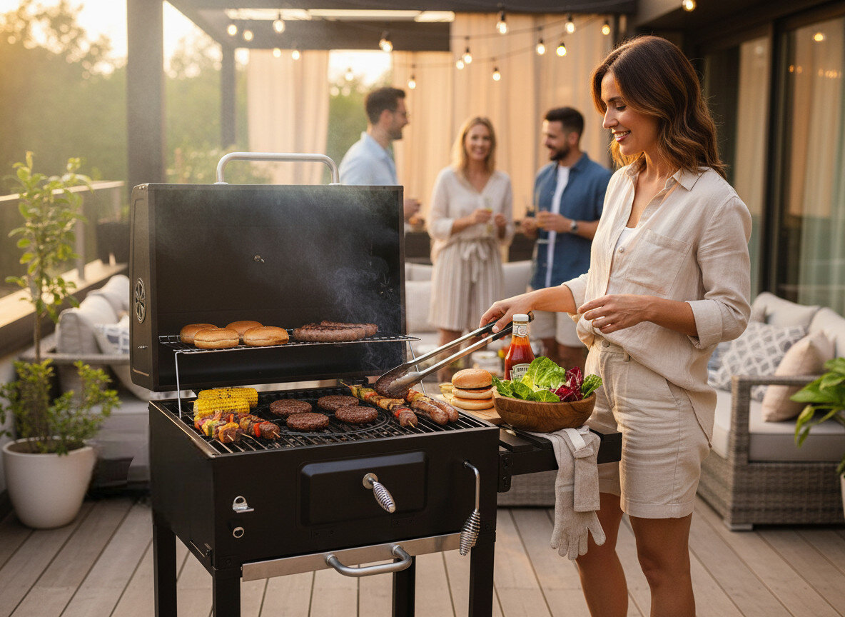 Kobieta grilluje różne potrawy na dużym, czarnym grillu węglowym z otwartą pokrywą. W tle widać grupę osób stojących na tarasie, a na grillu znajdują się burgery, szaszłyki i bułki.
