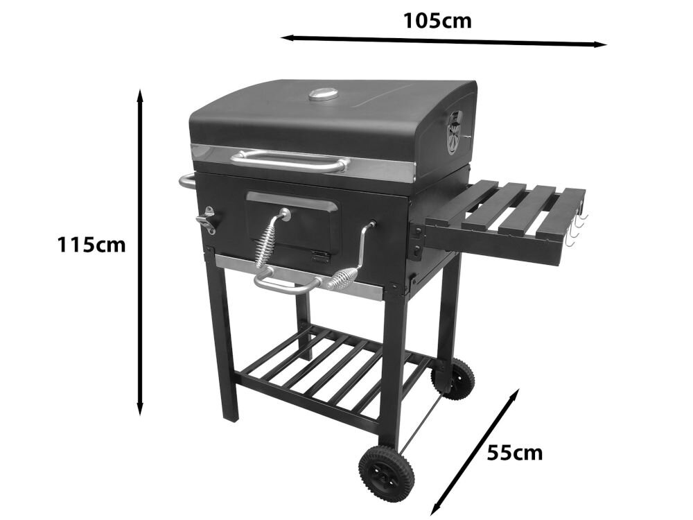 Grill ogrodowy węglowy z zamykanym pokrywą, żeliwnym rusztem, kółkami i termometrem. Wymiary: 105cm szerokości, 115cm wysokości, 55cm głębokości.